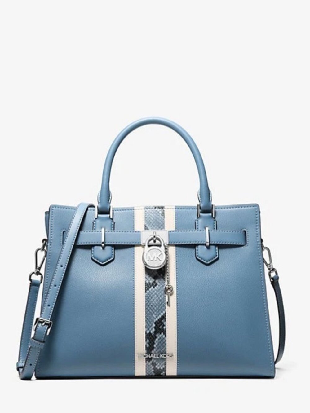 Michael Kors Cornflower Hamilton Medium Leather & Snake Embossed Stripe Satchel